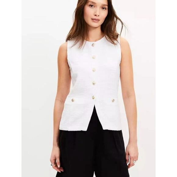 Loft small gold button down white tweed tank vest top shirt sweater coastal - Picture 1 of 8
